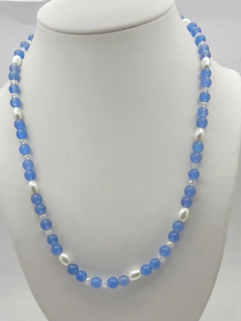 Blue Glass Beaded Faux Pearl & Crystal Accent Strand Necklace - 19